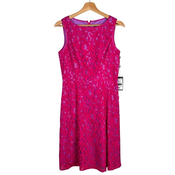 ADRIANNA PAPELL PINK ORCHID FLORAL LACE SLEEVELESS FIT AND FLARE DRESS - Picture 2 of 13